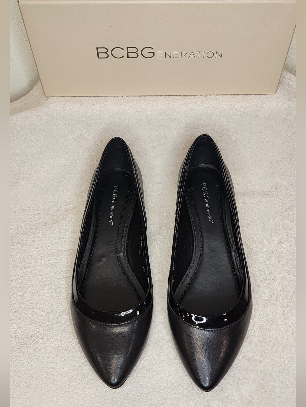BCBGeneration Black Pointed Patent-Trim Flats